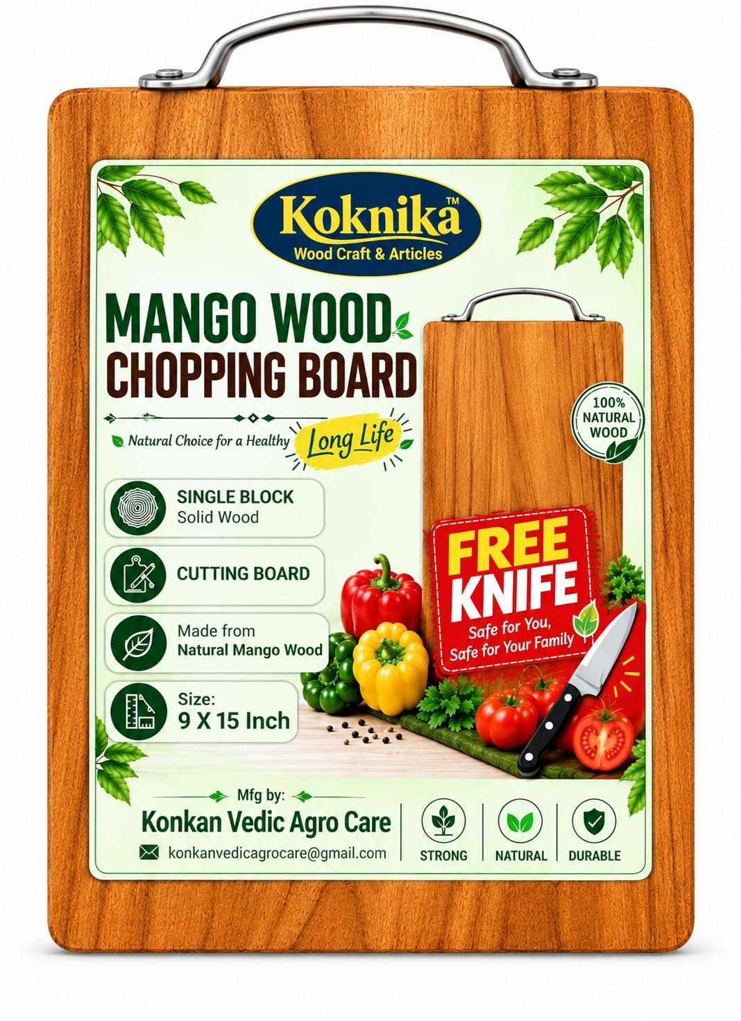 Koknika Mango Wood chopping board with metal handle and product information sticker