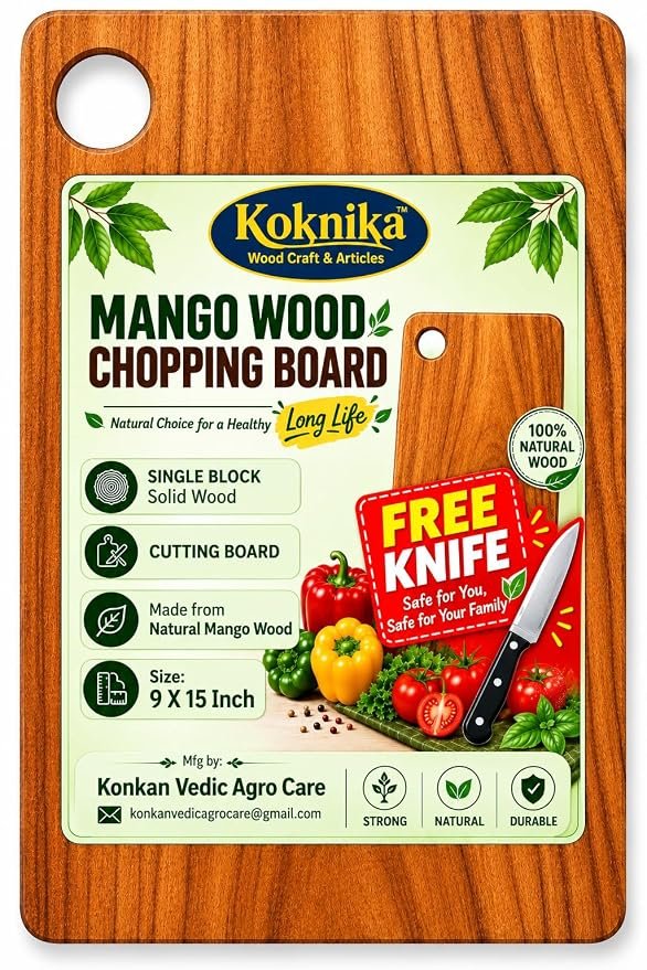 Koknika Mango Wood chopping board with round handle hole and product information sticker
