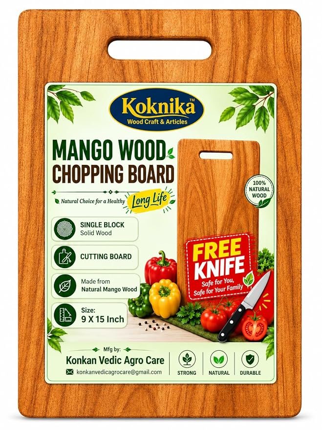 Koknika Mango Wood chopping board with slot handle and product information sticker